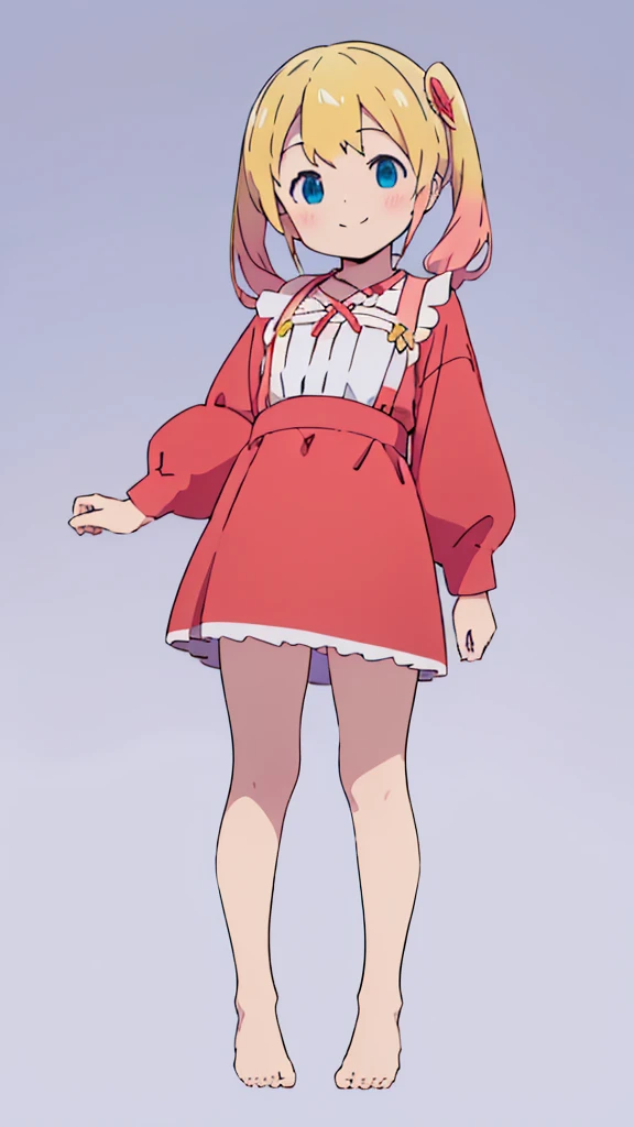 ((masterpiece))((Highest quality))girl、smile、blush、Flat Chest、Are thin、Blonde Hair、blush、Are standing、Whole body image、Eye level to the feet、front、No background、真frontのアングル、Blue clothes、Red and yellow two-tone hair、Twin tails、Red Alice outfit