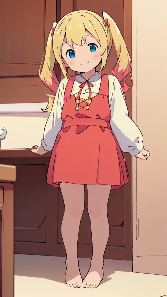 ((masterpiece))((Highest quality))girl、smile、blush、Flat Chest、Are thin、Blonde Hair、blush、Are standing、Whole body image、Eye level to the feet、front、No background、真frontのアングル、Blue clothes、Red and yellow two-tone hair、Twin tails、Red Alice outfit