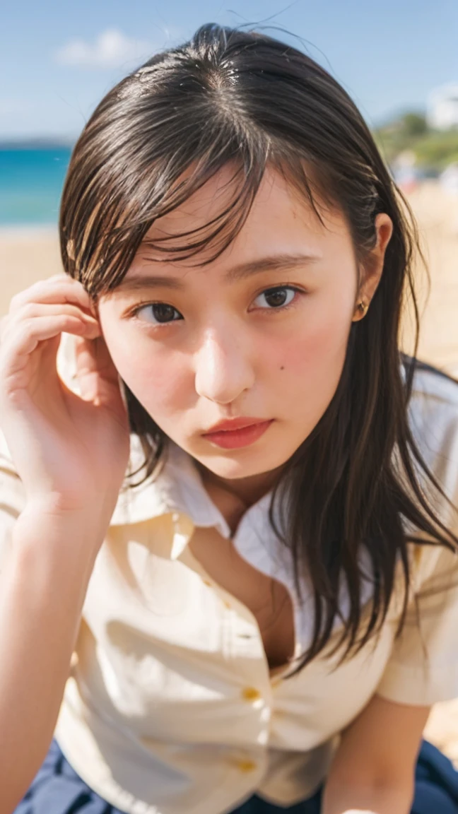 (((Top-down configuration:1.33)))、((No underwear:1.55))、One Girl、Beautiful and detailed eyes and face、barefoot、20 year old cute Japan woman, ((Extremely precise and accurate anatomy:1.0)), (photo Realistic:1.4), (hyper Realistic:1.4), (最高品質のRealisticな肌の質感:1.4), (Improvement of quality:1.4), (Enhances the beauty of skin texture:1.1), Clean and glowing skin, mesh, thin:1.2, (Realistic:1.3), Realisticなライティング, (Smoother lighting:1.05), (Improving the quality of cinema lighting:0.9), Backlight, A gentle light on your face, Ray Tracing, (Bright light:1.2), 32k, One Japanese woman, fine grain, Detailed face, (Film Grain:1.1),(Accentuates body lines:1.1), High resolution, Natural look, Kind eyes, Improves hair quality, Delicate light and shadow, Transparent muscles, Graceful pose, Beautiful Eyes, Sharp details, Soft light reflection, Beautiful contours, Delicate skin tone, Fine hair texture, Natural background, (((sunny day、Beach、A strong wind is blowing、Her hair and skirt are flying、Squat, Traditional navy blue sailor uniform、Open shirt、Pleated skirt、Scooping seawater with hands:1.25、splash、Sandy Beach、Light of the sun、clear blue sea、The waves crash quietly、Blue sky and white clouds、green mountain々、Beautiful Nature、The joys of youth)))、