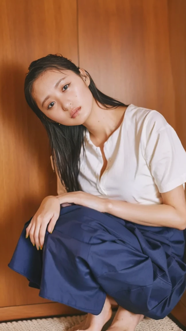 (((Top-down configuration:1.33)))、((No underwear:1.55))、One Girl、Beautiful and detailed eyes and face、barefoot、20 year old cute Japan woman, ((Extremely precise and accurate ???????:1.0)), (photo Realistic:1.4), (hyper Realistic:1.4), (最高品質のRealisticな肌の質感:1.4), (Improvement of quality:1.4), (Enhances the beauty of skin texture:1.1), Clean and glowing skin, mesh, thin:1.2, (Realistic:1.3), Realisticなライティング, (Smoother lighting:1.05), (Improving the quality of cinema lighting:0.9), Backlight, A gentle light on your face, Ray Tracing, (Bright light:1.2), 32k, One Japanese woman, fine grain, Detailed face, (Film Grain:1.1),(Accentuates body lines:1.1), High resolution, Natural look, Kind eyes, Improves hair quality, Delicate light and shadow, Transparent muscles, Graceful pose, Beautiful Eyes, Sharp details, Soft light reflection, Beautiful contours, Delicate skin tone, Fine hair texture, Natural background, (((sunny day、Beach、A strong wind is blowing、Her hair and skirt are flying、Squat, Traditional navy blue sailor uniform、Open shirt、Pleated skirt、Scooping seawater with hands:1.25、splash、Sandy Beach、Light of the sun、clear blue sea、The waves crash quietly、Blue sky and white clouds、green mountain々、Beautiful Nature、The joys of youth)))、