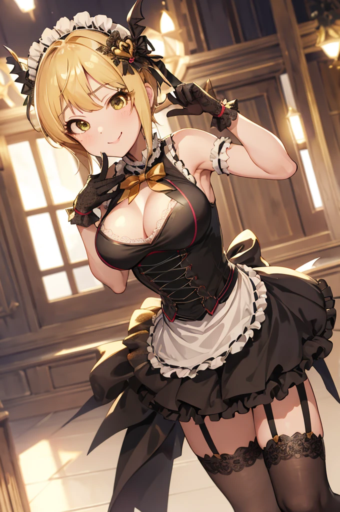 masterpiece, best quality, highres, hmfre, blonde hair, head wings, hair ornament, maid headdress, bow, bare shoulders, maid, cleavage cutout, black gloves, apron, garter straps, black thighhighs, idolmaster cinderella girls, smile, standing, cowboy shot, arms at sides, straight-on, outdoors