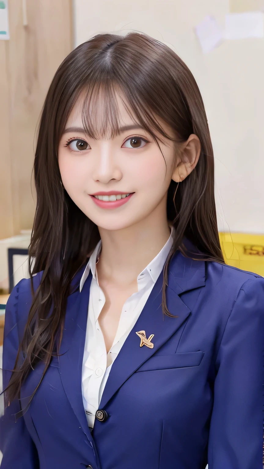 Highest quality:1.2), RAW Photos, High resolution, Very detailed, Intricate details, Wavy Hair、、ear piercing、smile、Beautiful teeth alignment、Brown Hair(Front view, ), Clear beauty, Standing in office room, Upper Body, (High quality fabric, Office Lady Suit 、Necklace around the neck、, The background is the office