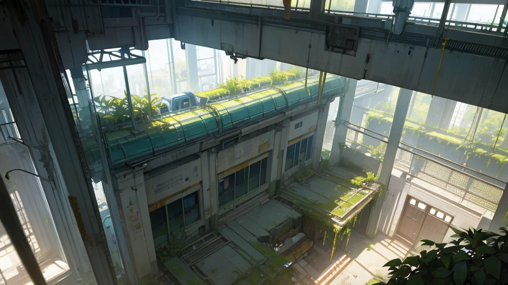 make a large hall seen from above. a canary from an abandoned futuristic train station being taken over by plants. very broad view