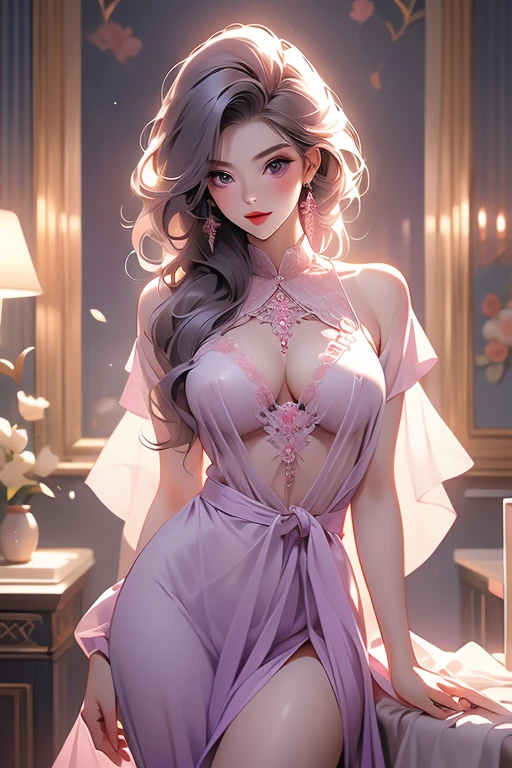 beautiful female doctor working in a hospital; She reveals, as she walks, her beautiful purple and pink lace thong; Her robe is extremely fitted; her nipples are transparent; she has voluminous breasts; wide and beautiful hips; extremely sensual image; mischievous and flirtatious look; red lips; fine details in lips, fine details in eyes, fine details in eyelashes, fine details in breasts, fine details in hips, cinematographic image, masterpiece, work of art; the woman has a seductive pose; erotic image