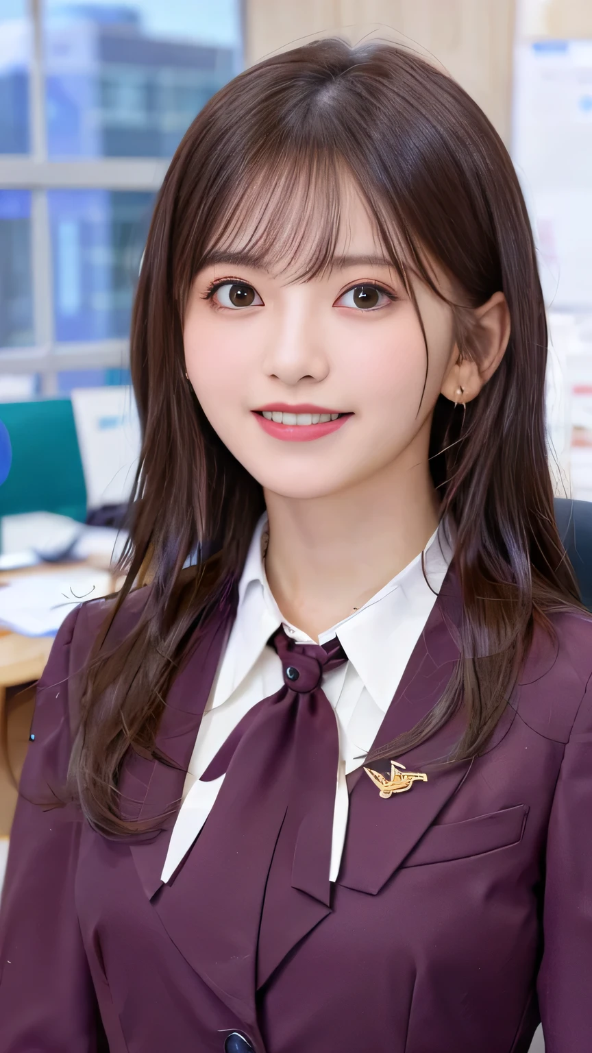 Highest quality:1.2), RAW Photos, High resolution, Very detailed, Intricate details, Wavy Hair、、ear piercing、smile、Beautiful teeth alignment、Brown Hair(Front view, ), Clear beauty, Standing in office room, Upper Body, (High quality fabric, Office Lady Suit 、Necklace around the neck、, The background is the office
