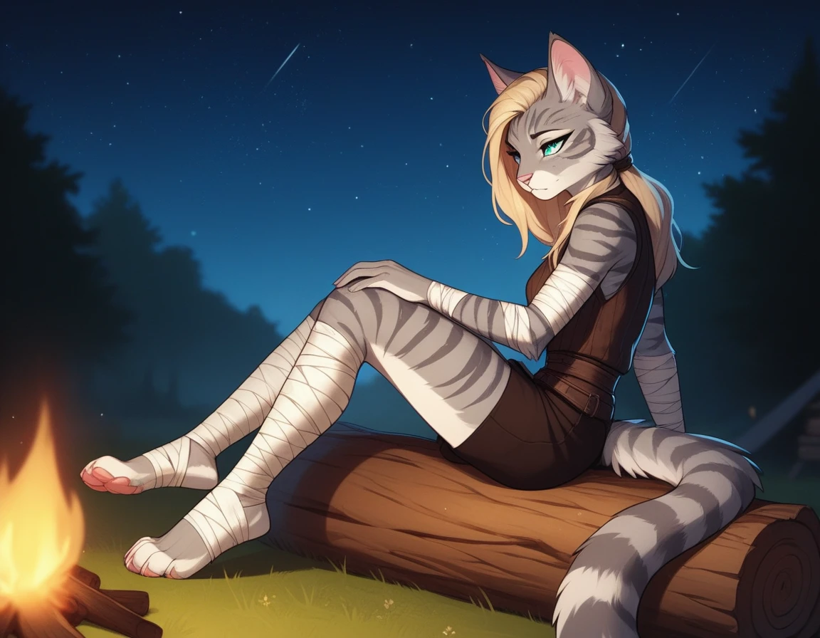 score_9,score_8_up,score_7_up, score_6_up, score_5_up, source_anime, Kat, Anthro furry feline, silver fur, grey stripes on body, blue eyes, long blonde hair, undercut hair, pink nose, :3, wearing black medieval vest, black short shorts, plantigrade feet, feet paws wrapped in bandages, tired, sitting on a large log, in front of a campfire, at a campsite, starry night sky, nighttime, side view