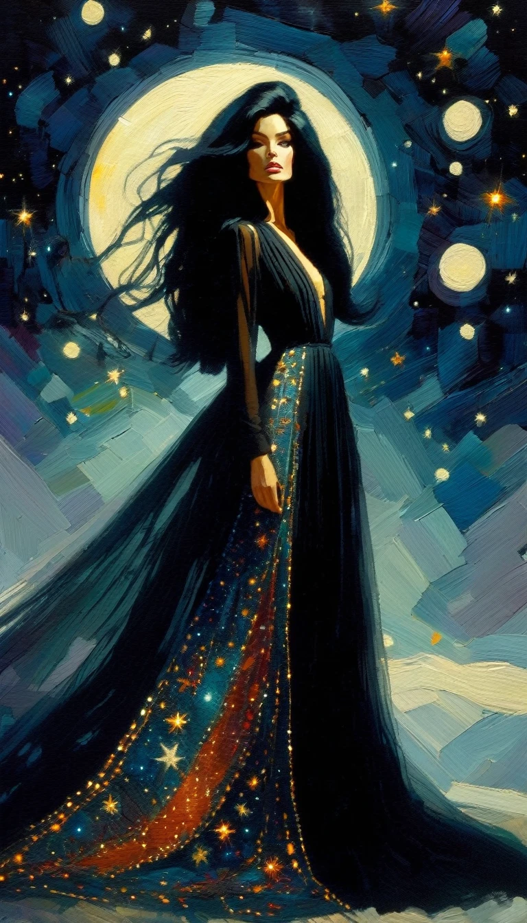 woman with long, sexy black hair, wearing an embroidered dress whose fabrics fly across the image,magic, fantastic, night sky, moon, stars, background, (simple oil painting in a style to Bill Sienkiewicz)