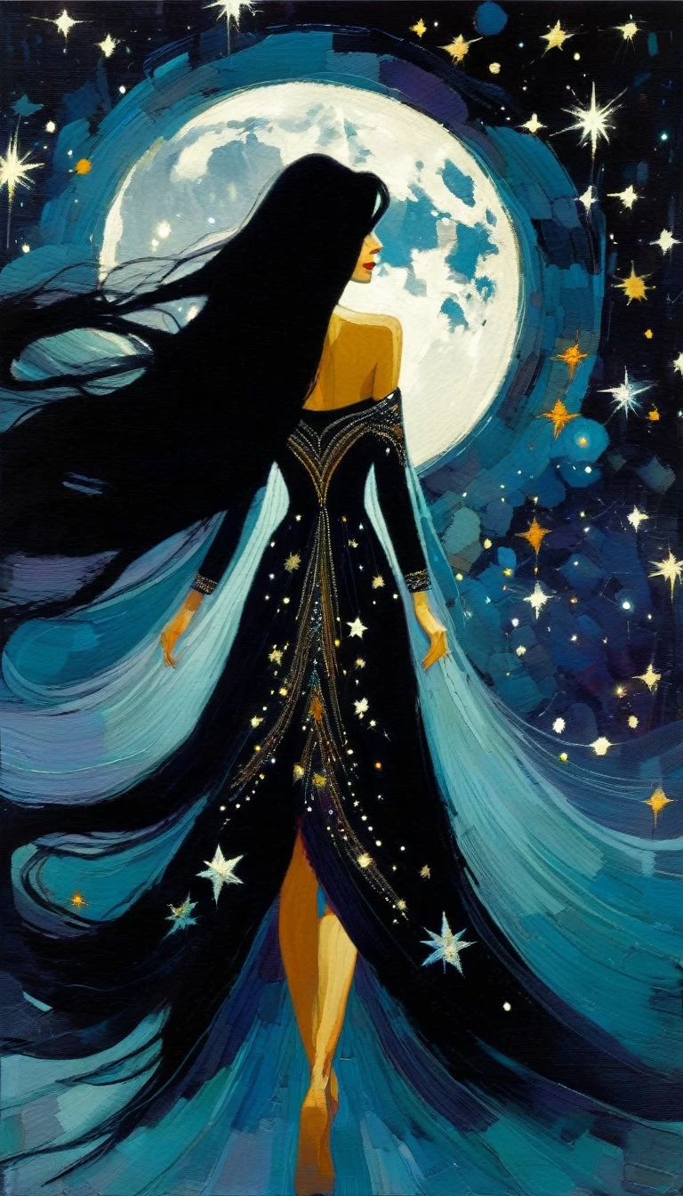 woman with long, sexy black hair, wearing an embroidered dress whose fabrics fly across the image,magic, fantastic, night sky, moon, stars, background, (simple oil painting in a style to Bill Sienkiewicz)