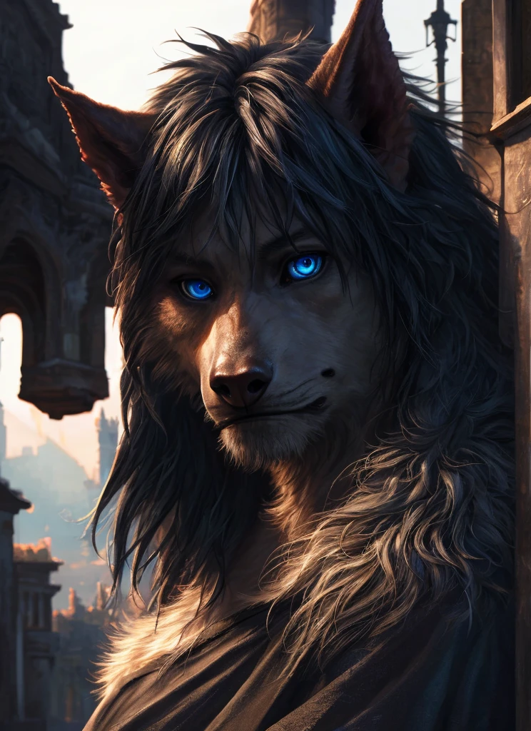 a werewolf boy, elegant, looking at viewer, wearing t-shirt, blue eyes, beautiful detailed eyes, beautiful detailed hair, detailed facial features, sunlight, dramatic lighting, outdoor, shiny, realistic, masterpiece, best quality, ultra-detailed, detailed landscape