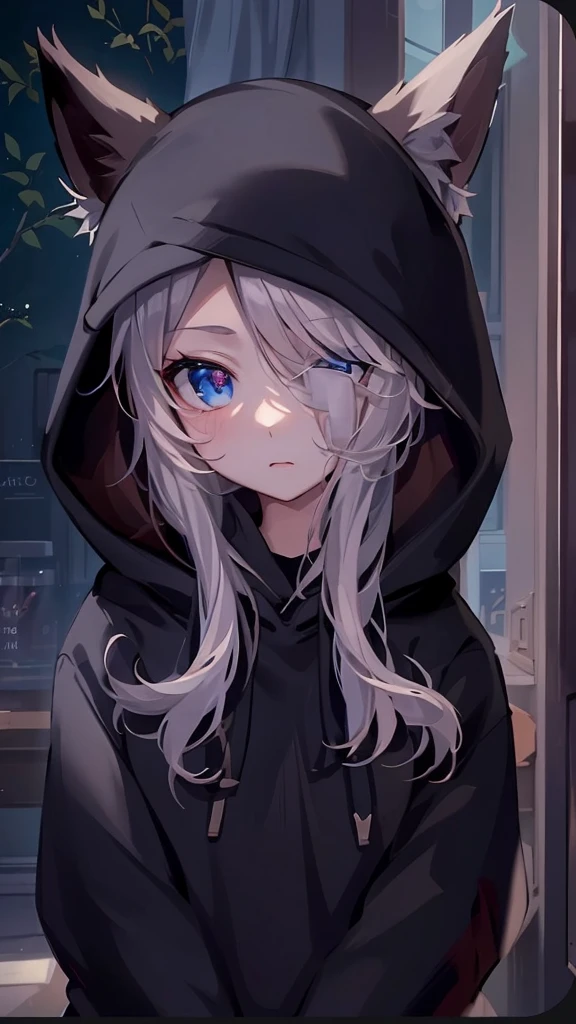 catgirl, 1gir, cat ears, ((cute)), masterpiece, best quality, perfect face, hoodie, hood, looking up, high angle, smal, furr, cozy, warm, window, night, long hoodie, no_pants, 4k, wallpaper, close up, digital art, anime style, beautiful eyes, intimate