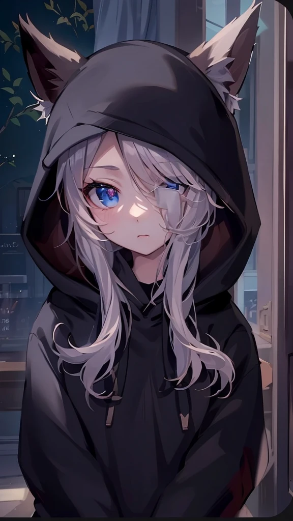 catgirl, 1gir, cat ears, ((cute)), masterpiece, best quality, perfect face, hoodie, hood, looking up, high angle, smal, furr, cozy, warm, window, night, long hoodie, no_pants, 4k, wallpaper, close up, digital art, anime style, beautiful eyes, intimate