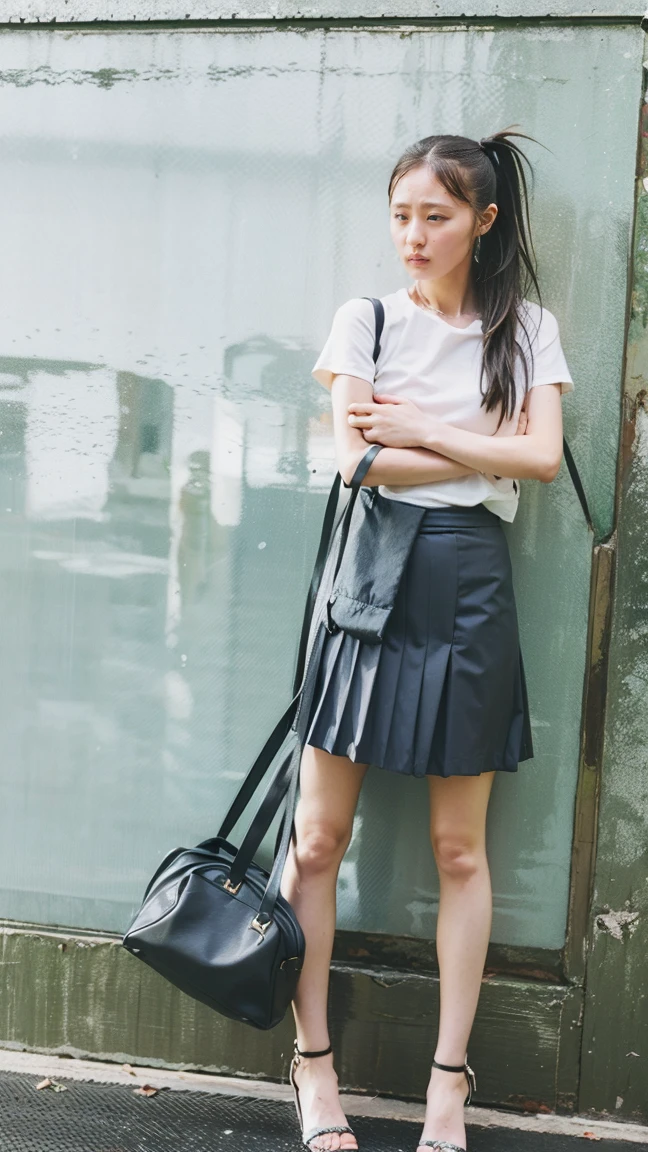 (((Shoulder bag)))、((Viewing angle from below、Highest quality、masterpiece、32k、Every detail))、Descend the outdoor stairs、commute、Systemic symptoms、Very tight camisole、Pleated skirt、(((A strong wind blows my hair and skirt away:1.62)))、((The shoulder strap of the bag is worn diagonally across the body.:1.4))、One Girl, alone、(((mini skirt, No underwear:1.22)))、Big Breasts、barefoot, High heels
