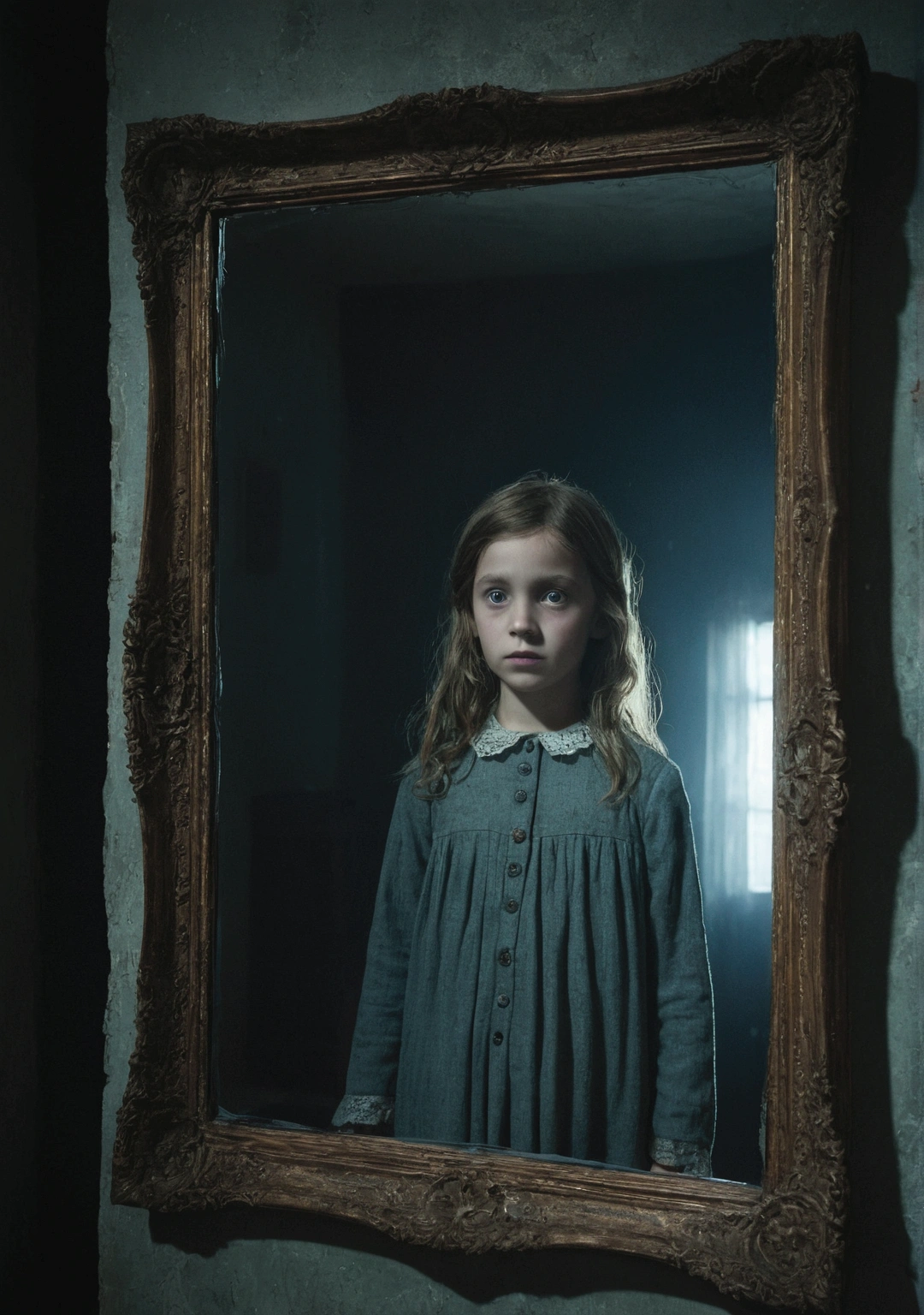 Image Style: Spectral and detailed
"The image shows the mirror starting to crack, with the ghostly figure of the girl in the portrait slowly emerging. A has empty eyes, shining with a cold light and a sinister smile that contrasts with his ethereal appearance. Cracks in the mirror reflect light unevenly, distorting Ana's image, who looks with growing terror. The atmosphere is gloomy, with shadows that seem to move and writhe."