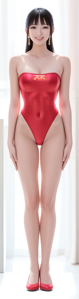 On a white background,A tall and beautiful Chinese girl,with fair skin,Toothy smile,A big smile,When you laugh, Your eyes are crescent-shaped,blunt bangs, long straight hair,Wear a one-piece swimsuit and pumps,Swimsuits are decorated with joyful patterns, Stand up straight,Stand upright,hands on sides,Symmetrical distribution,Ray tracing,All shaded areas,No windows, Soft lighting, Warm light, flood light, n, Studio light, 1.4x Realistic Ultra HD