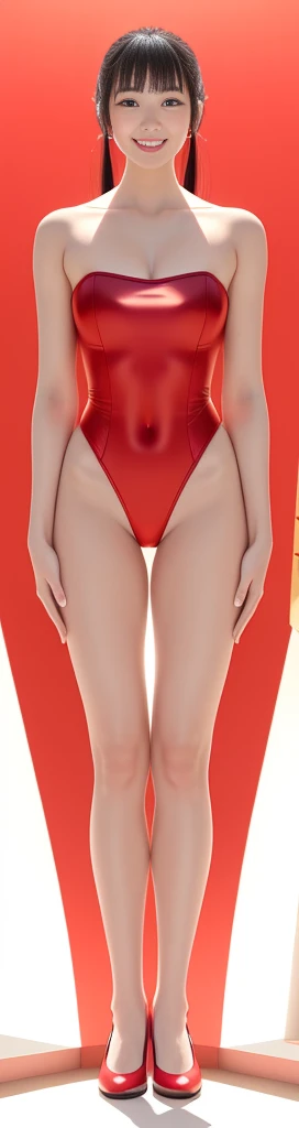 On a white background,A tall and beautiful Chinese girl,with fair skin,Toothy smile,A big smile,When you laugh, Your eyes are crescent-shaped,blunt bangs, long straight hair,Wear a one-piece swimsuit and pumps,Swimsuits are decorated with joyful patterns, Stand up straight,Stand upright,hands on sides,Symmetrical distribution,Ray tracing,All shaded areas,No windows, Soft lighting, Warm light, flood light, n, Studio light, 1.4x Realistic Ultra HD