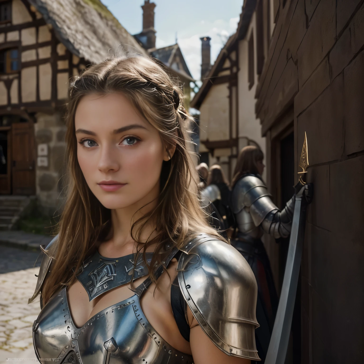 arafed woman in armor standing in front of a building, portrait sophie mudd, girl in knight armor, imogen poots as a paladin, as a medieval fantasy character, of a beautiful female knight, beautiful female knight, imogen poots as holy paladin, gorgeous female paladin, ana de armas as joan of arc