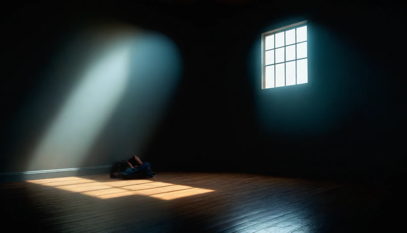 A Person sitting on the floor in a dark corner of an empty room with a window in the background. Gradually, the darkness is penetrated by rays of colored light, representing hope and healing. Photorealism style with dramatic use of light and shadow, high definition, realistic style with touches of divine light, cinematic style, soft colors. Photorealism style, high resolution, 8k