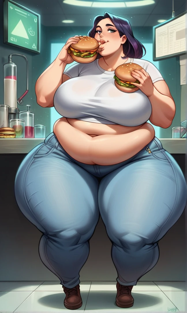 a woman in jeans and a white top posing for a picture, her belly button is exposed, belly button showing, wearing crop top, she has a jiggly fat round belly, girl fat, obese body, bigger belly, bigger ass, bigger breast, large thighs, wide hips, wearing a sexy cropped top,, violet myers, thicc, sie boob, wearing bra, sexy girl, laboratory, sittings, eating hamburgers, hamburguers, sexy, stockings, sittings, eating hamburgers, hamburguers, (Masterpiece:1.2), best quality, high resolution, beautifully detailed, extremely detailed, perfect lighting,