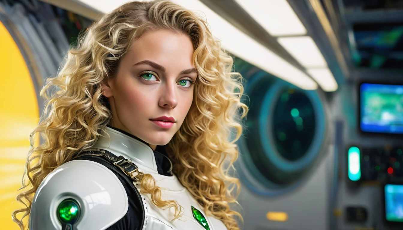 realistic acrylic art, vivid colors, lateral point of view, a beautiful european woman with long curly blonde hair, green eyes, looking at the viewer with suspicious face and a shy smile, she wears spacial white glass tight armor, gloves, adjusting a sophisticated belt, dramatic yellow lights, background space station