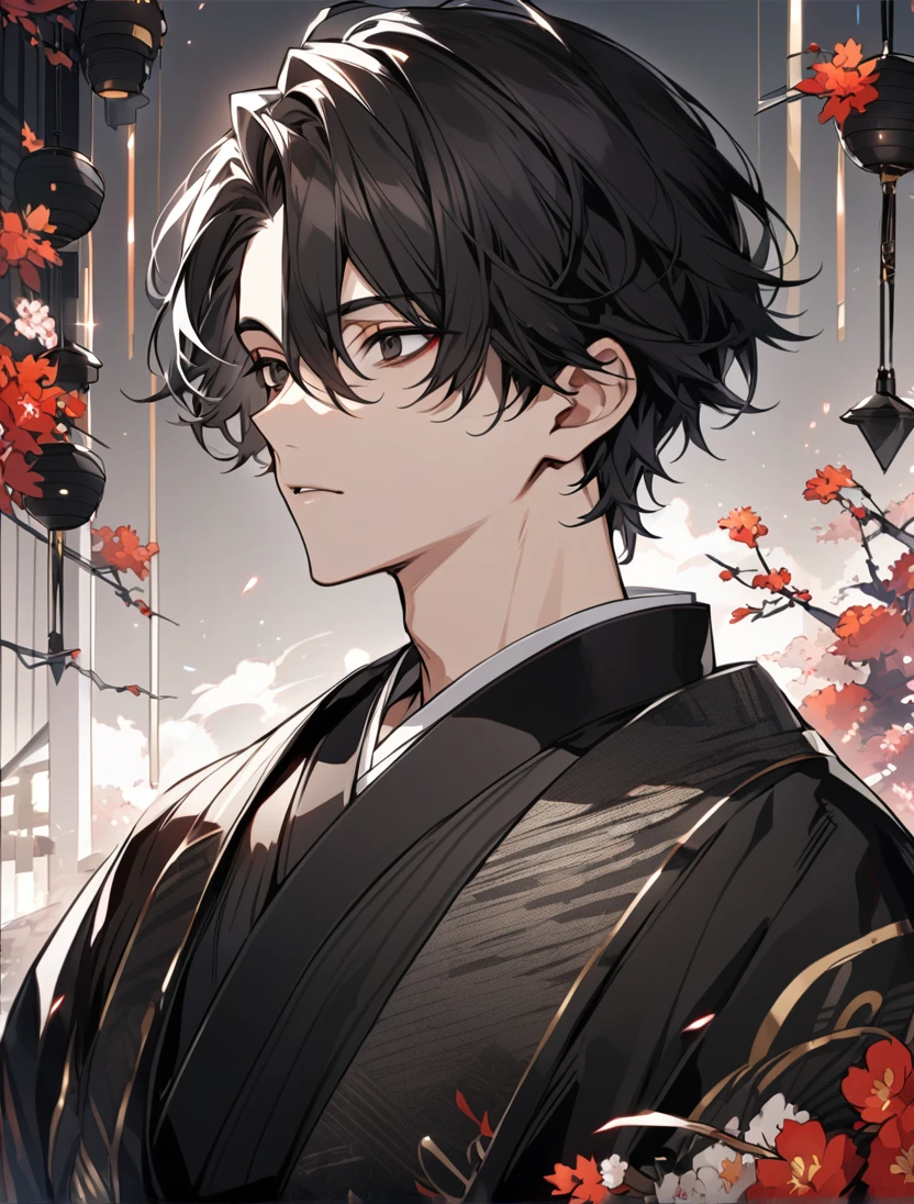 (black_hair), (short_hair), (deep_black_eyes), (Handsome), (Attractive), (male), (unique_black_kimono), (detailed_Hair), (detailed_mouth), (r), (dark_under_eyes), (gem_like_eyes), (japanese)