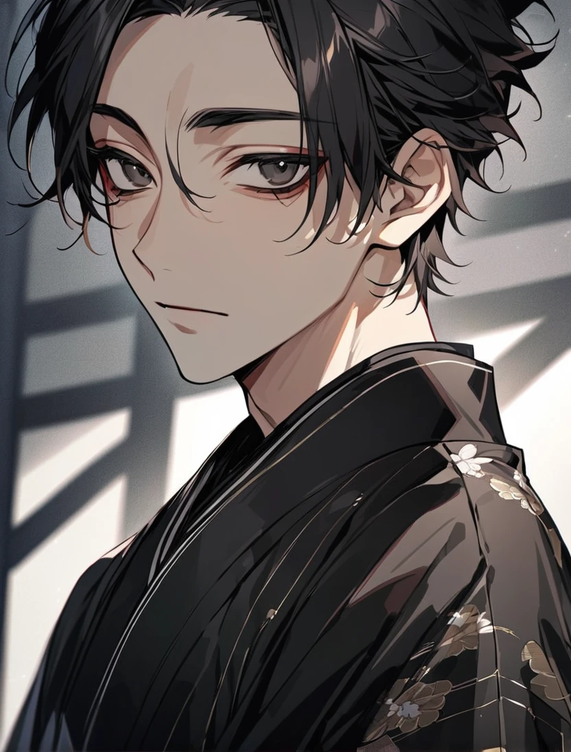 (black_hair), (short_hair), (deep_black_eyes), (Handsome), (Attractive), (male), (unique_black_kimono), (detailed_Hair), (detailed_mouth), (Teenager), (dark_under_eyes), (gem_like_eyes), (japanese)