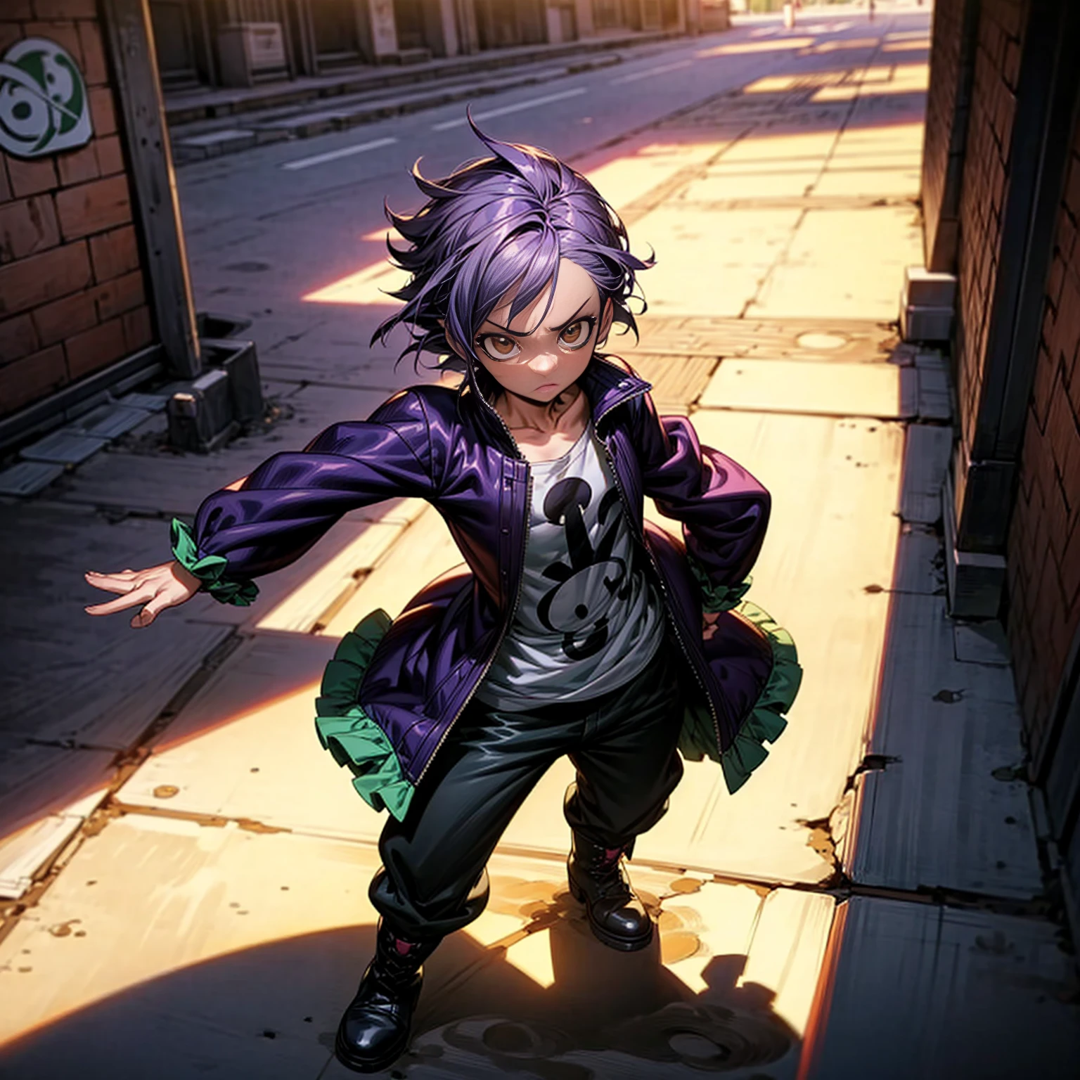 1character, full body version, character is  version, hazel eyes, dark purple colour hair, Shaggy hairstyle, clothing style is punk, boots, Grassroots background in city, motion blur, shadow, standing gesture, (one piece style art)
