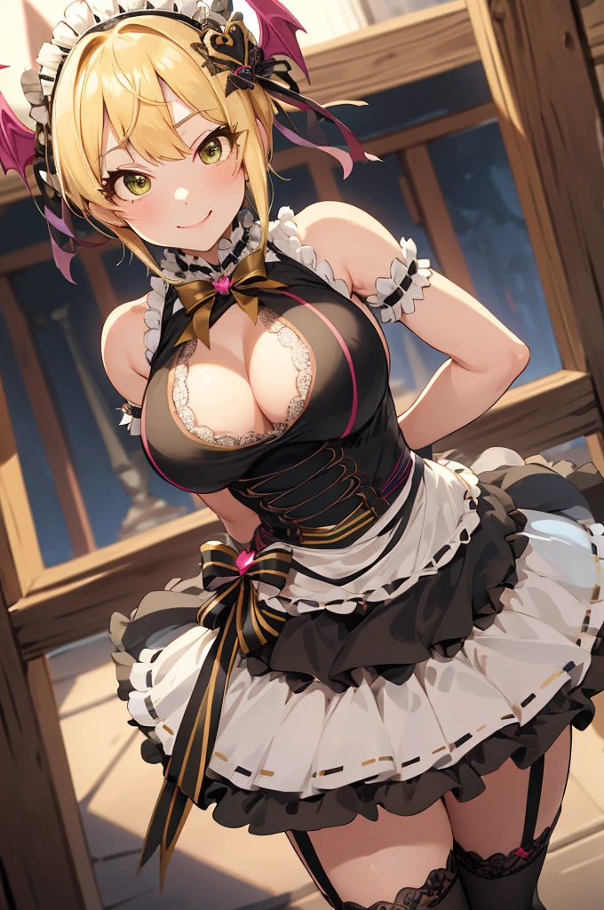 masterpiece, best quality, highres, hmfre, blonde hair, head wings, hair ornament, maid headdress, bow, bare shoulders, maid, cleavage cutout, black gloves, apron, garter straps, black thighhighs, idolmaster cinderella girls, smile, standing, cowboy shot, arms at face, straight-on, outdoors,huge breasts,pov