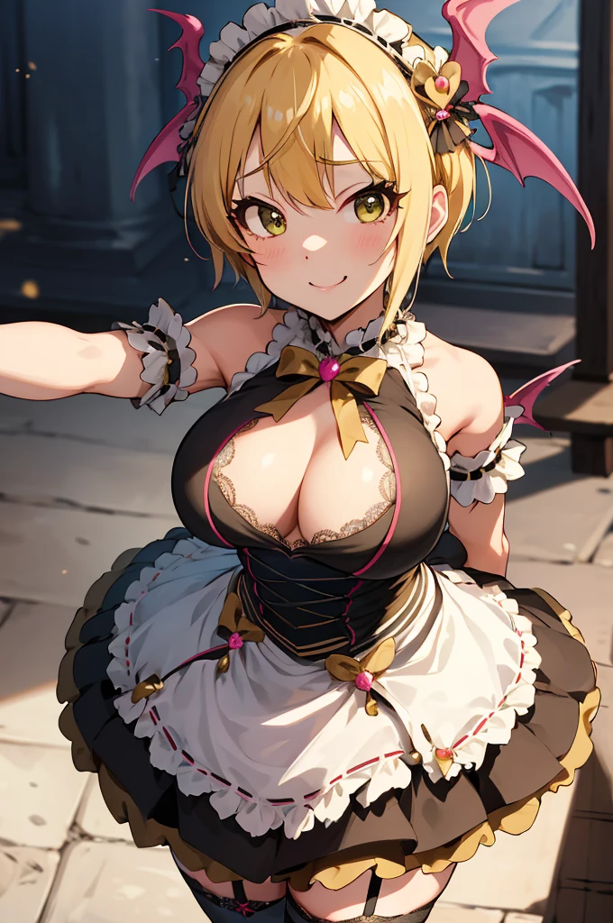 masterpiece, best quality, highres, hmfre, blonde hair, head wings, hair ornament, maid headdress, bow, bare shoulders, maid, cleavage cutout, black gloves, apron, garter straps, black thighhighs, idolmaster cinderella girls, smile, standing, cowboy shot, arms at face, straight-on, outdoors,huge breasts,pov