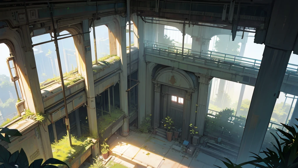 make a large hall seen from above. a canary from an abandoned futuristic train station being taken over by plants. very broad view