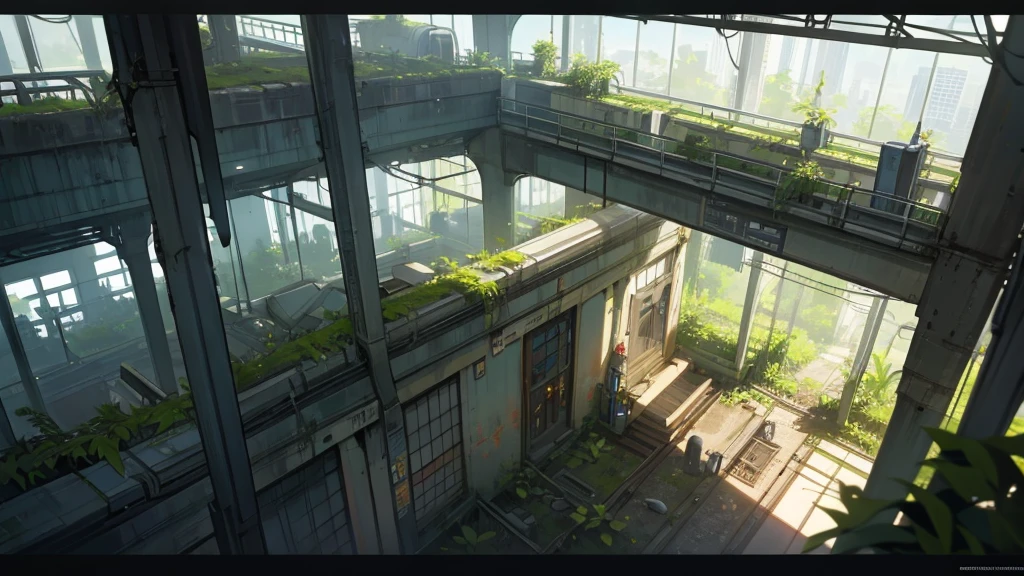make a large hall seen from above. a canary from an abandoned futuristic train station being taken over by plants. very broad view