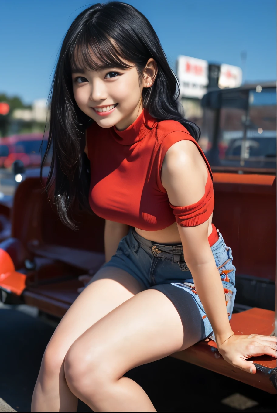 (8k、Raw photography、Highest quality、masterpiece:1.2),(Black Hair、Dark Eyes:1.9),(:1.6)、View your audience,Viewed from the front,White skin,(:1.4)、(Tight waist:1.6)、(Clothes that accentuate the shape of the breasts:1.0)、(Big Breasts :1.3)、Slim figure、Ultra-high resolution,beautiful,beautiful fece,(One person、No background:1.9),whole bodyボディー,Japanese women,(reality的:1.37)、Photon Mapping,reality、(-faced and cute: 1.4)、(Cute Smile: 1.8)、(Round face: 1.8)、Radio City、Physically Based Rendering、Depth of field rally background、photograph, (I can see your knees、Thigh close-up:1.8),(:1.6),whole body、Great quality