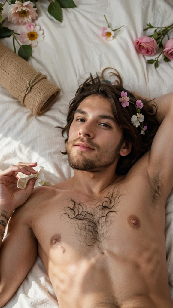 hipster man, ?????, laying on the bed with flower