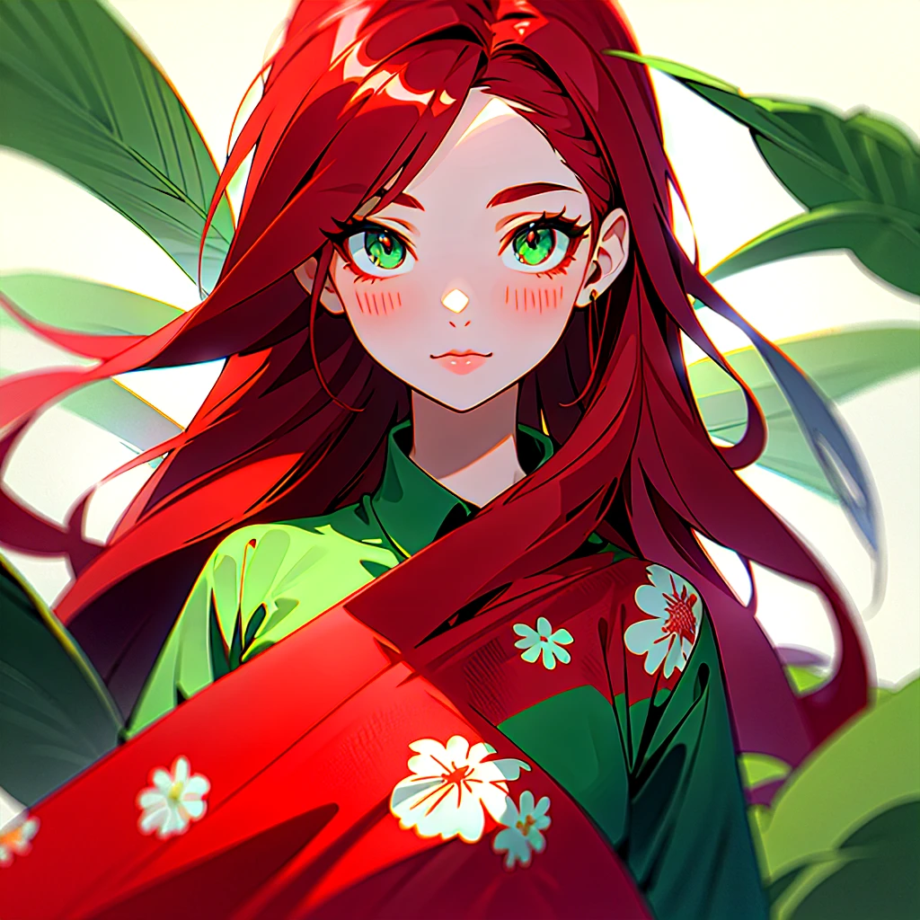 A red-haired girl, with green eyes, dressed in a strawberry print