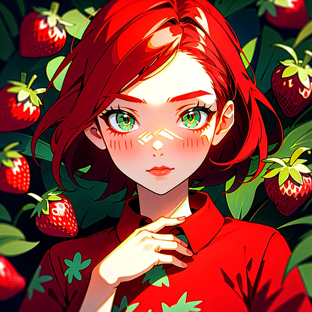 A red-haired girl, with green eyes, dressed in a strawberry print