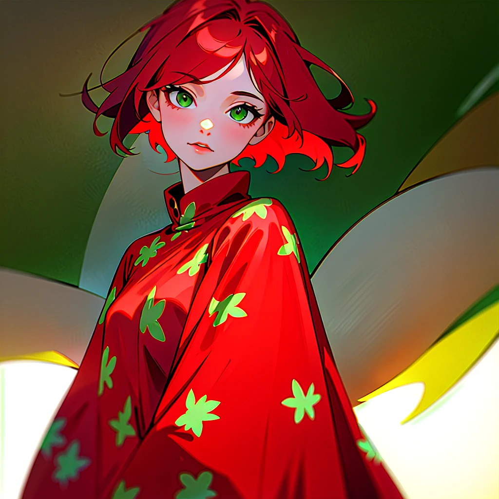 A red-haired girl, with green eyes, dressed in a strawberry print