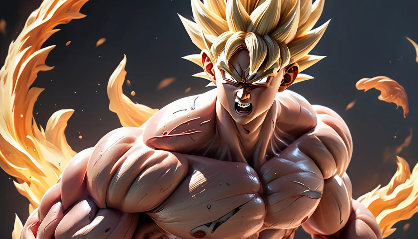 Full body image "(Highest quality, 8k, ultra-detailed, Realistic:1.2), Portraiture, Dragon Ball,Sun Wukong, Muscular, Calm, Face contorted in pain, detailed, Blonde, strict, Intimidating, Powerful, Show off his strength", ((Huge penis)),Bodysuits