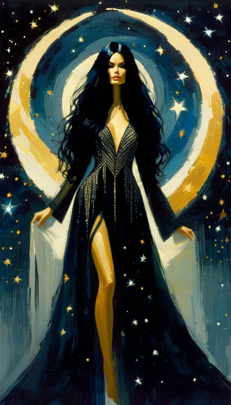 woman with long, sexy black hair, wearing an embroidered dress whose fabrics fly across the image,magic, fantastic, night sky, moon, stars, background, (simple oil painting in a style to Bill Sienkiewicz)