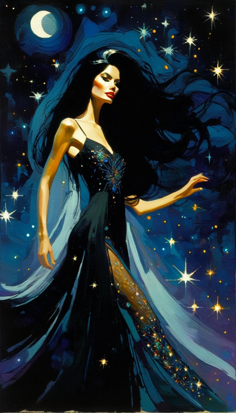 woman with long, sexy black hair, wearing an embroidered dress whose fabrics fly across the image,magic, fantastic, night sky, moon, stars, background, (simple oil painting in a style to Bill Sienkiewicz)