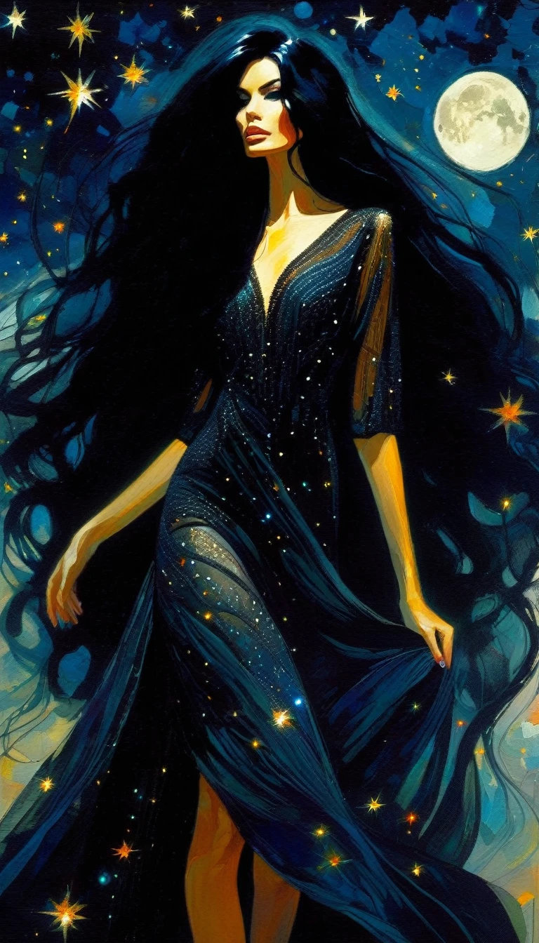 woman with long, sexy black hair, wearing an embroidered dress whose fabrics fly across the image,magic, fantastic, night sky, moon, stars, background, (simple oil painting in a style to Bill Sienkiewicz)
