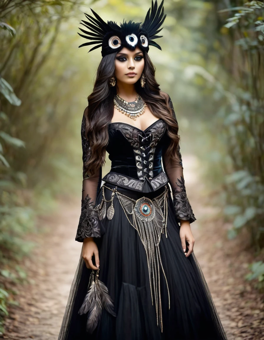 - Top: Tight black velvet corset with embroidered owl feather details in brown and gray tones. Corset includes small colorful beads and dark lace details. About the corset, a black mesh blouse with long, fitted sleeves that add a gothic touch.
- Skirt:Asymmetrical layered tulle and lace skirt, in black and brown tones. The skirt has feather embroidery and owl eyes, and fique fabric details on the edges, representing the indigenous connection. The front of the skirt is shorter, showing high boots, while the back is long and flowing.
- Layer:Long black velvet cape with hood, edged with artificial owl feathers in dark tones and lace details. The cape has embroidery of Colombian indigenous symbols, adding a cultural touch.
- Headdress:Gothic headband with owl feathers and small glass eyes. Headband includes braided leather details and indigenous colored beads.
- Necklaces and bracelets:Multi-layer necklaces with owl pendants and indigenous symbols. Leather and metal bracelets with engraved details and small feather and owl eye pendants.
- Shoes:Black military boots with metal buckle details and feather embroidery and owl eyes on the sides.
- Eyes: Eyeshadows in dark and earth tones, with dramatic eyeliner that imitates the big eyes of an owl. A touch of shine in the eyes to simulate the intense gaze of the bird.
- Lips:Lips in a dark red or burgundy shade, adding a gothic contrast.
- Feathers: Small owl feathers sewn into the cape, the headdress and the edges of the skirt.
- Embroidery: Embroidered feather and owl eye details on skirt and corset, along with indigenous Colombian symbols that add authenticity and cultural connection.
Chains and Buckles: Metal chains and buckles at the waist and wrists, adding a metal and rock touch to your clothing