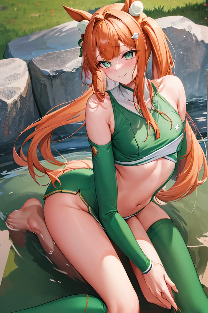Silence Suzuka、blush,smile、Horse Girl、twintails,Green costume、In uniform、Primary school students、The back is very small、ta、Small breasts、Please show me your armpits、exterior: 12 yulder Bare、The clavicle is visible、Sexy thighs、Beautiful legs、Usual hairstyle、highest quality, High resolution, unity 8k wallpaper, (shape:0.8), (Beautiful and beautiful eyes:1.6), Highly detailed face, Perfect lighting, Highly detailed CG, (Perfect hands, Perfect Anatomy),(((woman on top,vaginal,sex)))