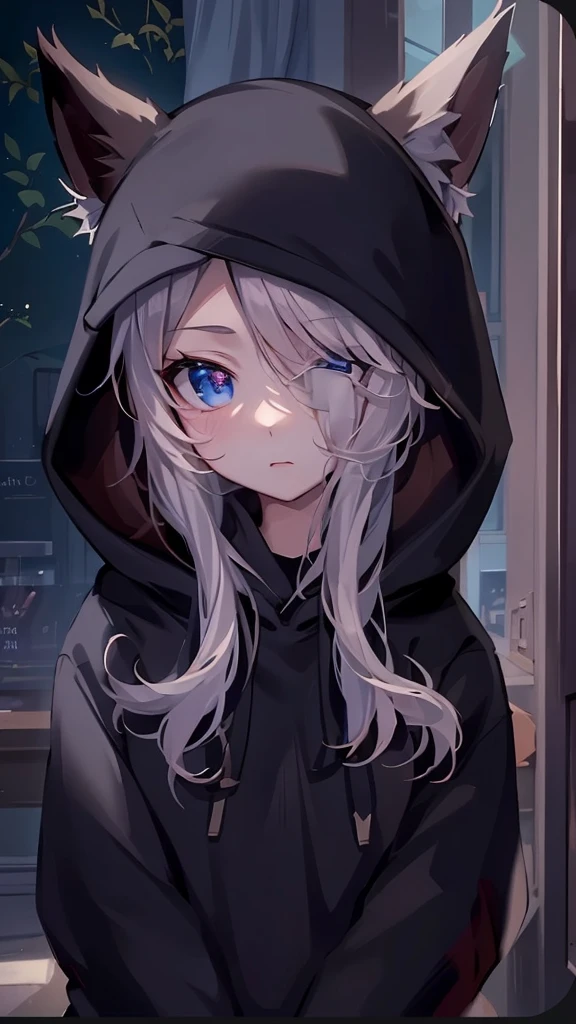 catgirl, 1gir, cat ears, ((cute)), masterpiece, best quality, perfect face, hoodie, hood, looking up, high angle, smal, furr, cozy, warm, window, night, long hoodie, no_pants, 4k, wallpaper, close up, digital art, anime style, beautiful eyes, intimate