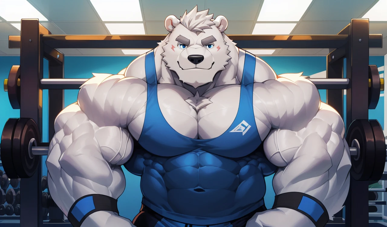 solo, 1boy, perfect anatomy, (furry white bears, polar bear) perfect proportion, smirk, big eyes, wide chest, bulky, bulk, bulge, happy. Huge Muscular Old Polar bear with short,(black gym shorts, wristbands and blue tank top), view from side, pectoral, thick arms, huge pectoral, wide pectoral, white hair, white beards, grey eyebrows, gym background, masterpiece, semirealistic:1.2, high detailed, 8k, high resolution, perfect center, full view. ((really big muscle, massive muscular, sixpack, thick arms, wide pectoral, super huge muscle, hyper muscular, over sized muscle, huge arms, big arms, huge pectoral))