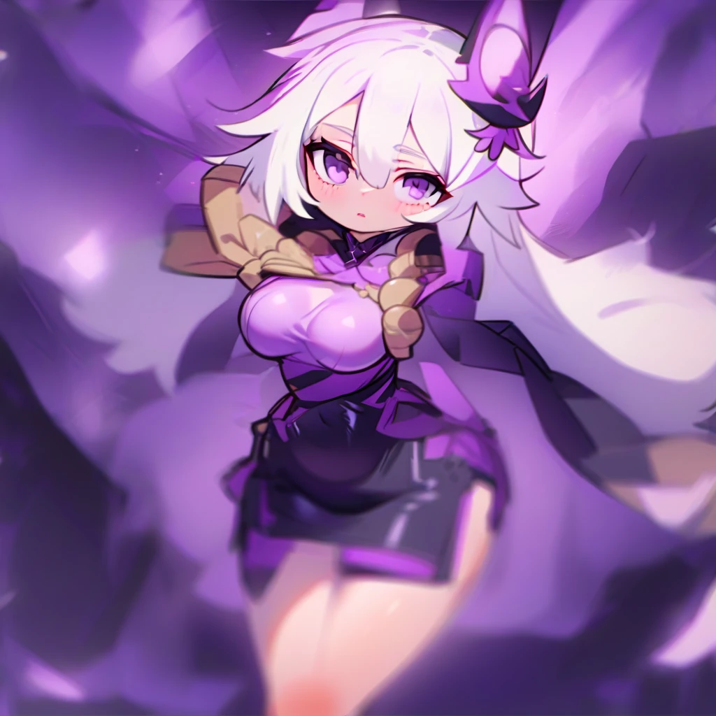 A with long, straight white hair and beautiful purple eyes. Her face is stunning, with lovely lips and a curvaceous figure. She has large breasts, a slender waist, and slightly wide hips, with smooth and toned thighs. She's wearing tight black stockings, a black skirt, and a white shirt, with a black cape draped over her shoulder. On one side of her face, she wears a kitsune-inspired mask. The overall style is reminiscent of anime and would be perfect for a Vtuber. The background is like a forest with purple trees as if it were a kitsune area. His black and short underwear but quite pretty and with some other details