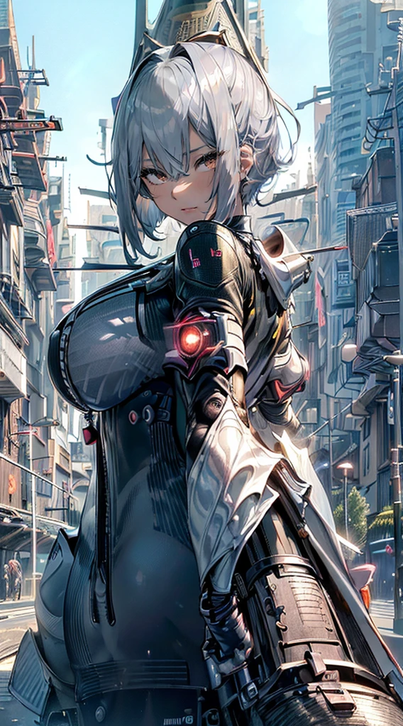 top-quality、Top image quality、in 8K,4K,masterpiece、(NSFW:1.1)、ultra-detailliert、Beautiful、ultra-quality、-Like that、Cool、girl with(((18year old、Sexy Rider Suit:1.3、Straddling a motorcycle、Firm and shiny skin:1.1、Bust 78、silber hair、a short bob、Red Eyes、、erotick:1.4、waking up))、Staring from the front、hiquality、visualart、Background with((Futuristic city:1.3))、masutepiece