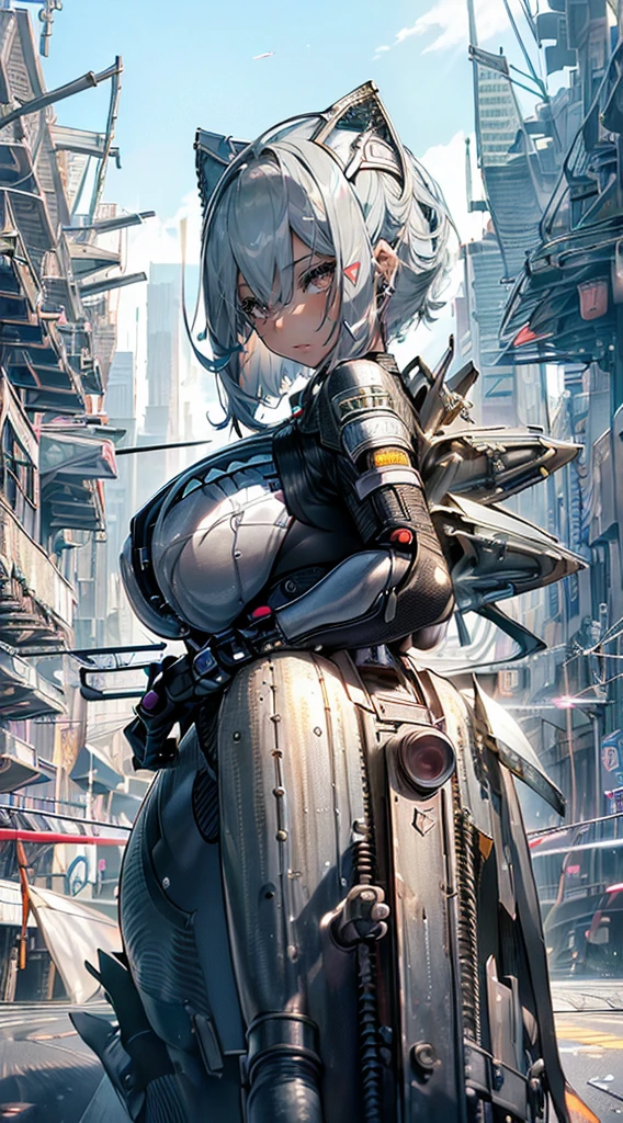 top-quality、Top image quality、in 8K,4K,masterpiece、(NSFW:1.1)、ultra-detailliert、Beautiful、ultra-quality、-Like that、Cool、girl with(((18year old、Sexy Rider Suit:1.3、Straddling a motorcycle、Firm and shiny skin:1.1、Bust 78、silber hair、a short bob、Red Eyes、、erotick:1.4、waking up))、Staring from the front、hiquality、visualart、Background with((Futuristic city:1.3))、masutepiece