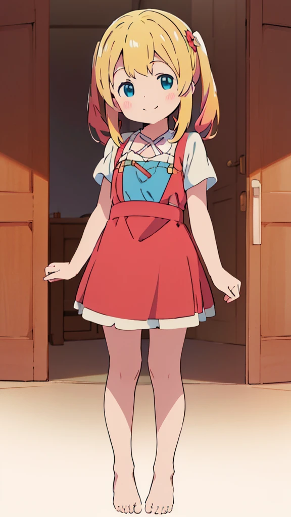 ((masterpiece))((Highest quality))girl、smile、blush、Flat Chest、Are thin、Blonde Hair、blush、Are standing、Whole body image、Eye level to the feet、front、No background、真frontのアングル、Blue clothes、Red and yellow two-tone hair、Twin tails、Red Alice outfit