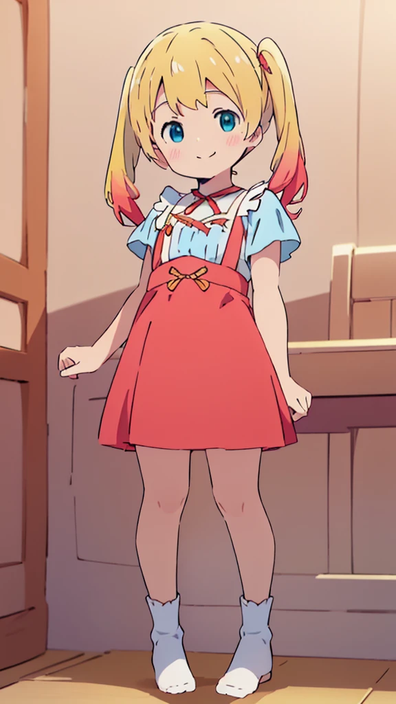 ((masterpiece))((Highest quality))girl、smile、blush、Flat Chest、Are thin、Blonde Hair、blush、Are standing、Whole body image、Eye level to the feet、front、No background、真frontのアングル、Blue clothes、Red and yellow two-tone hair、Twin tails、Red Alice outfit