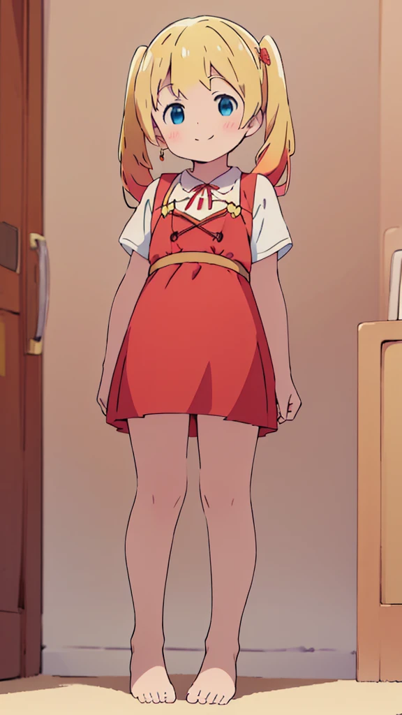 ((masterpiece))((Highest quality))girl、smile、blush、Flat Chest、Are thin、Blonde Hair、blush、Are standing、Whole body image、Eye level to the feet、front、No background、真frontのアングル、Blue clothes、Red and yellow two-tone hair、Twin tails、Red Alice outfit