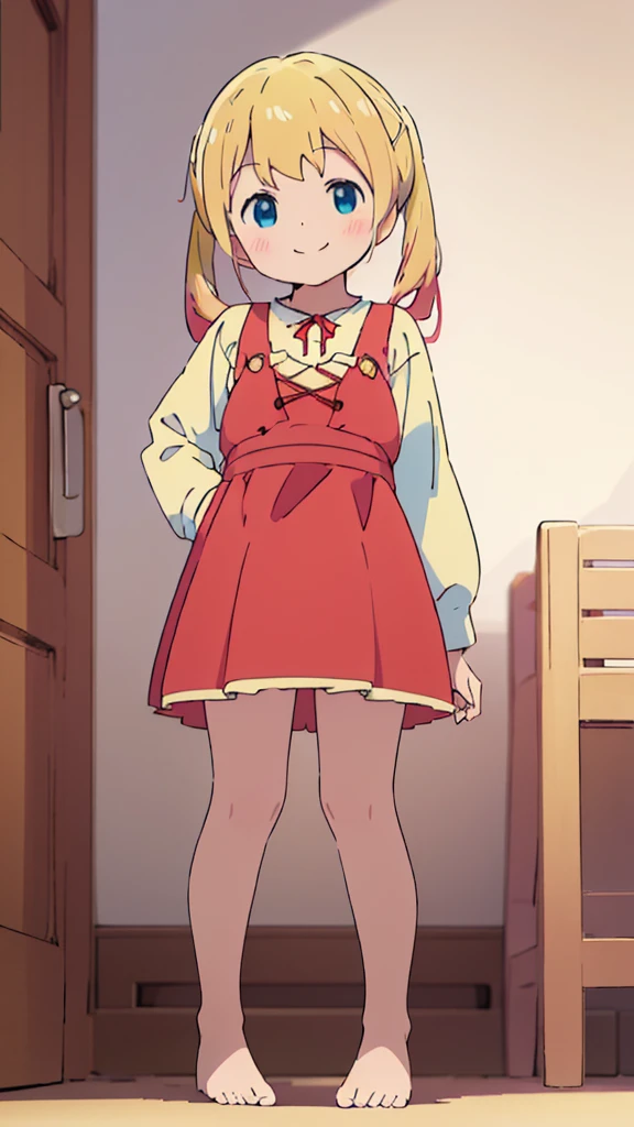 ((masterpiece))((Highest quality))girl、smile、blush、Flat Chest、Are thin、Blonde Hair、blush、Are standing、Whole body image、Eye level to the feet、front、No background、真frontのアングル、Blue clothes、Red and yellow two-tone hair、Twin tails、Red Alice outfit